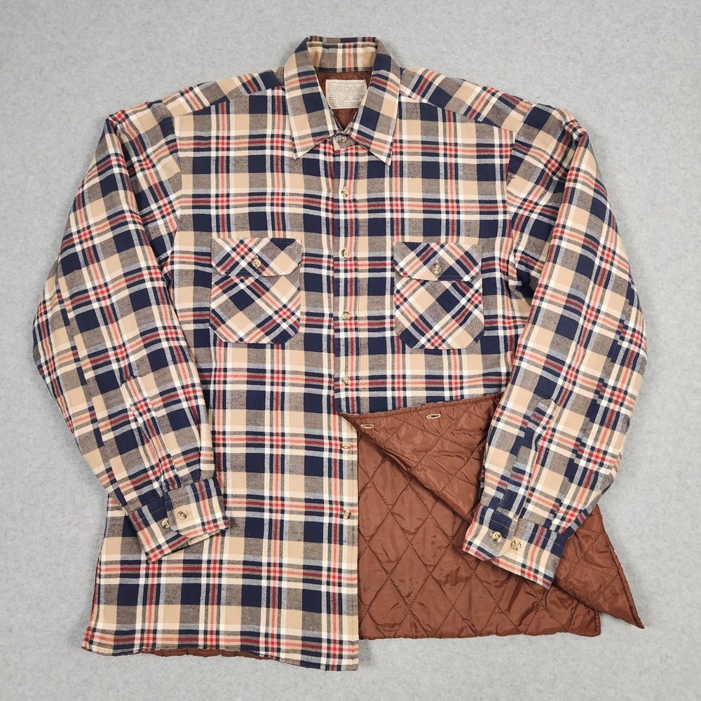 Vintage Insulated Flannel Shirt Mens Large Tab Blue Plaid Back Packer Outdoors